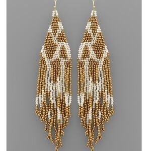 Seed bead triangle tassel earrings ivory & gold
